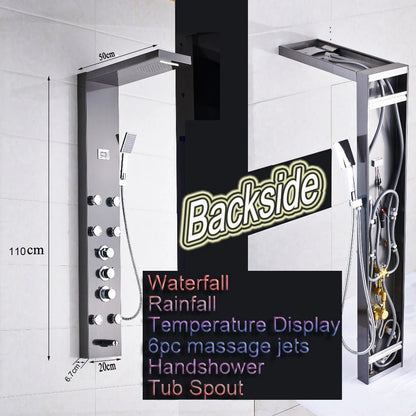 Douche - Regendouche - Douchewand - Douchekolom - Douchepanelen - Brons Douchezuil - Waterval - 6 Massagejets - Thermostatische Regendouche & Handdouche - Zwart
