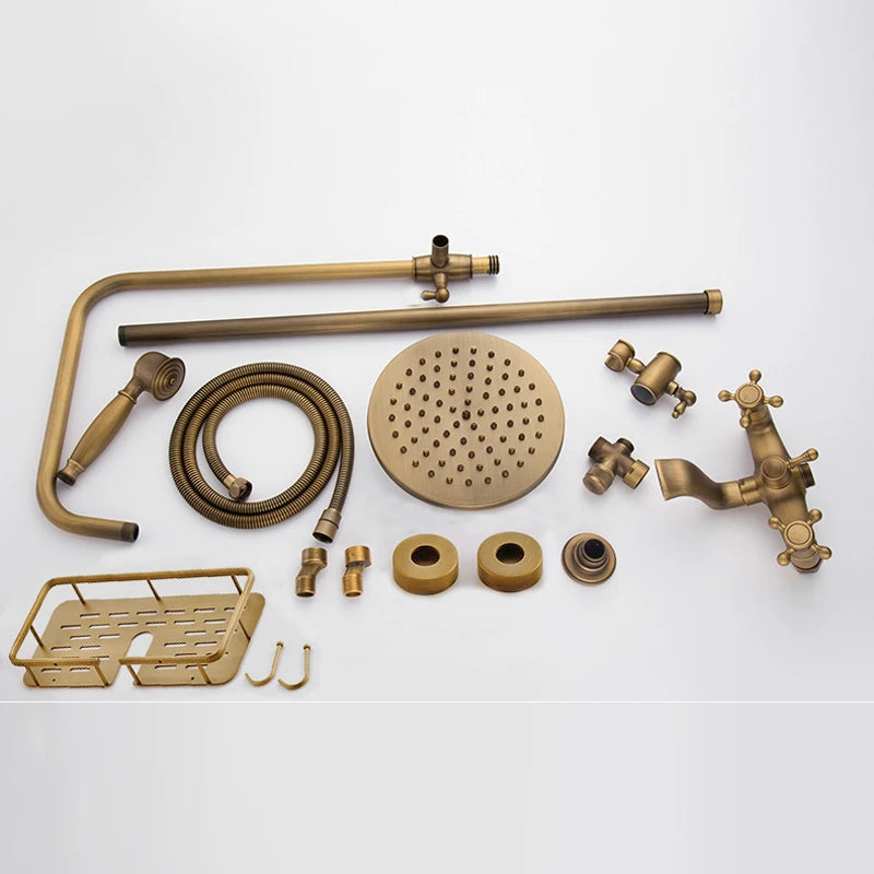 Douche - Regendouche - Douchewand - Douchekolom - Douchepanelen - Antiek Messing Bad & Douchekraan - Wandgemonteerd met Opbergplank & Verstelbare Hoogte - Gouden - QUORE