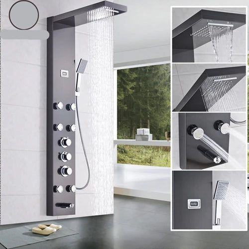 Douche - Regendouche - Douchewand - Douchekolom - Douchepanelen - Brons Douchezuil - Waterval - 6 Massagejets - Thermostatische Regendouche & Handdouche - Zwart