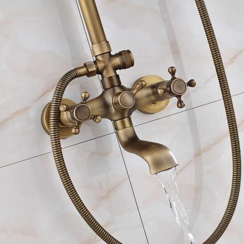 Douche - Regendouche - Douchewand - Douchekolom - Douchepanelen - Antiek Messing Bad & Douchekraan - Wandgemonteerd met Opbergplank & Verstelbare Hoogte - Gouden - QUORE