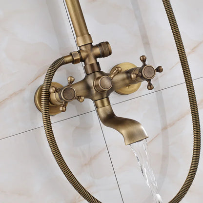 Douche - Regendouche - Douchewand - Douchekolom - Douchepanelen - Antiek Messing Bad & Douchekraan - Wandgemonteerd met Opbergplank & Verstelbare Hoogte - Gouden - QUORE