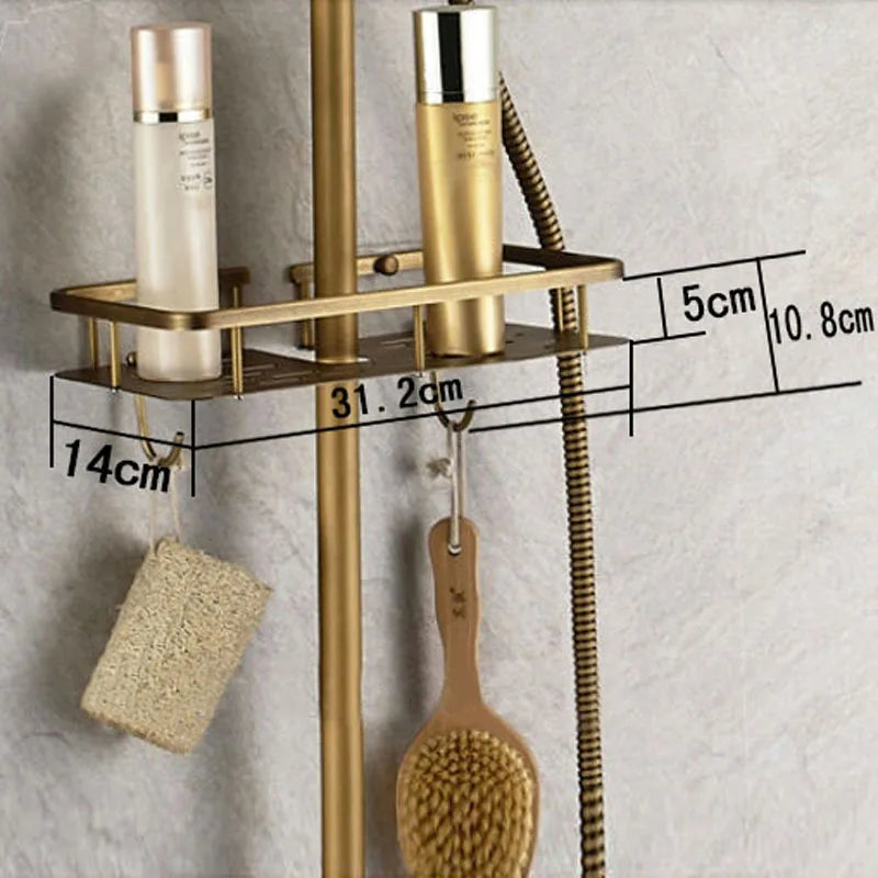 Douche - Regendouche - Douchewand - Douchekolom - Douchepanelen - Antiek Messing Bad & Douchekraan - Wandgemonteerd met Opbergplank & Verstelbare Hoogte - Gouden - QUORE
