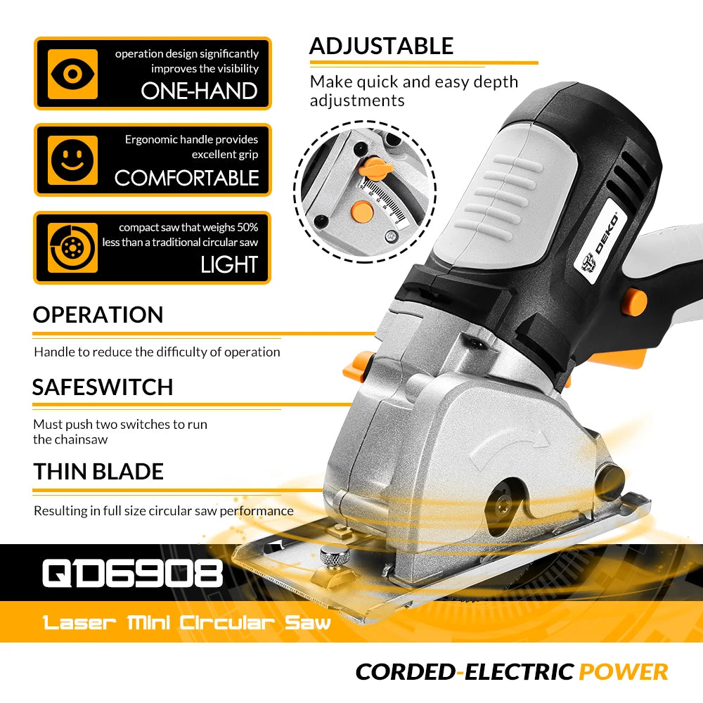 Deko - DKMS85Q2 - Cirkelzaag - 230V - 600W - 50Hz - 7000rpm - Zaagcapaciteit 85mm - Parallelgeleider - Ergonomische handgreep - Cirkelzaagmachine - QUORE