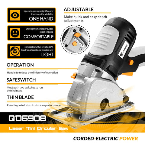 Deko - DKMS85Q2 - Cirkelzaag - 230V - 600W - 50Hz - 7000rpm - Zaagcapaciteit 85mm - Parallelgeleider - Ergonomische handgreep - Cirkelzaagmachine