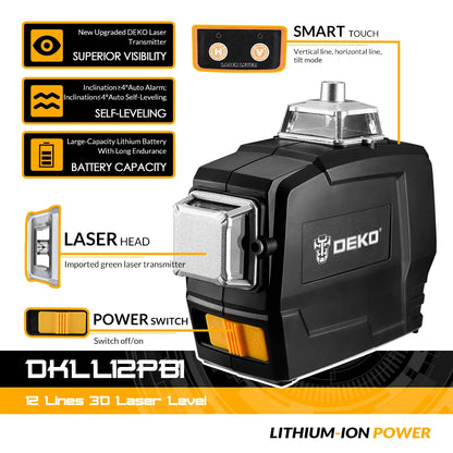DKLL12PB1 - 12 Lijnen 4d Laser Level - 3D - Groene Lijn Zelfnivellering - 360 Horizontaal En Verticaal - Automatische zelfnivellering - Golflengte 520nm - High-Precision - QUORE
