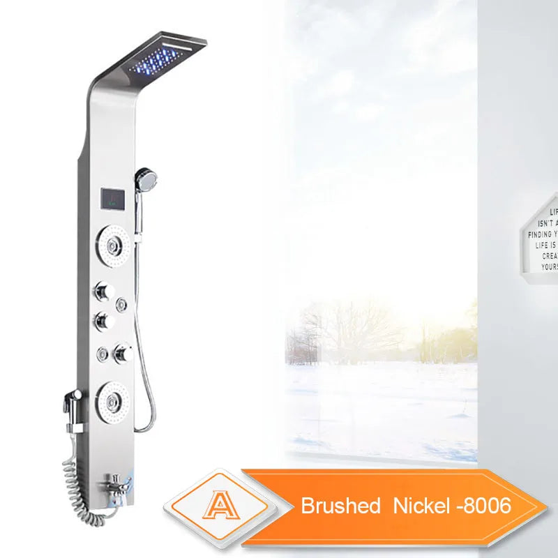 Douchepaneel  - Douche - Regendouches - LED Douchepaneel met LCD Display - 6 Standen Waterfall & Regenmassage Systeem, Badmengkraan & Hydromassage Jets (Geborsteld Nikkel)