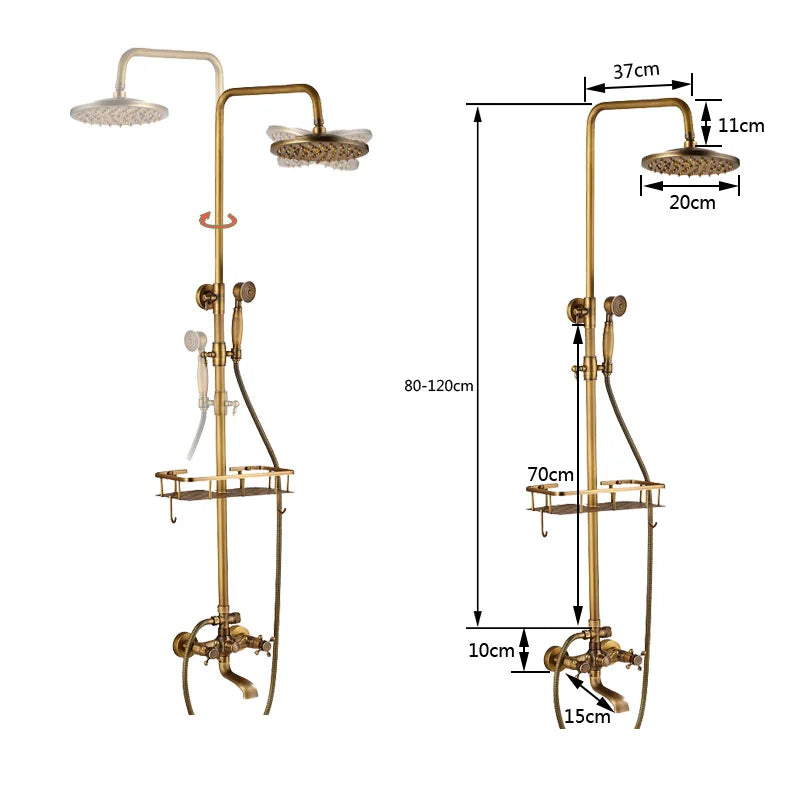 Douche - Regendouche - Douchewand - Douchekolom - Douchepanelen - Antiek Messing Bad & Douchekraan - Wandgemonteerd met Opbergplank & Verstelbare Hoogte - Gouden - QUORE