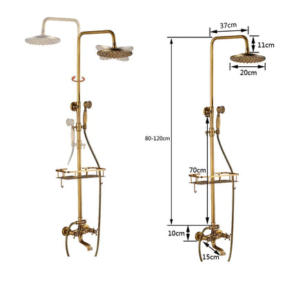 Douche - Regendouche - Douchewand - Douchekolom - Douchepanelen - Antiek Messing Bad & Douchekraan - Wandgemonteerd met Opbergplank & Verstelbare Hoogte - Gouden - QUORE