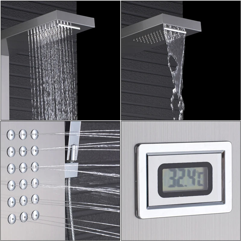 Douche - Regendouche - Douchewand - Douchekolom - Douchepanelen - Thermostatische Waterval & Regendouche Paneel - Geborsteld Nikkel - 3 Handgrepen - RVS Douchezuil