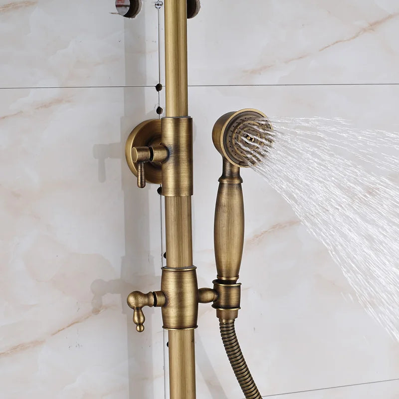 Douche - Regendouche - Douchewand - Douchekolom - Douchepanelen - Antiek Messing Bad & Douchekraan - Wandgemonteerd met Opbergplank & Verstelbare Hoogte - Gouden - QUORE