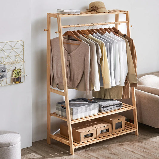 Kledingrek - Kledinghangers - Kledingrek Hout - 2-laags- Bamboe - Moderne Stijl - Opbergrek voor Schoenen & Kleding - Gewichtscapaciteit 100kg/ 220lbs - 80x43.5x165cm/ 31.5x17.1x65inch - Natuurlijke Houten Kleur - QUORE