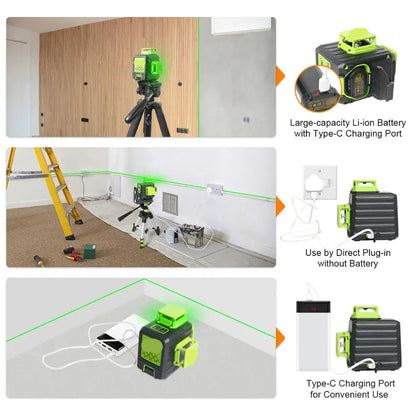 3D Kruislijnlaser - Bouwlaser - Rotatielaser - Laserliner - Laser - 12 Lijnen - Zelfnivellerende - Groene Straal – Li-ion Batterij & Type-C Oplaadpoort – Inclusief Draagkoffer