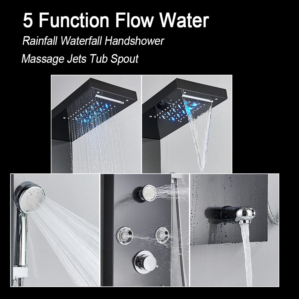 Douche - Regendouche - Douchewand - Douchekolom - Douchepanelen - LED Verlichte Regendouche Paneel – Waterval & Massage Jets met Digitale Display – Luxe Douchekolom - Zwart - QUORE
