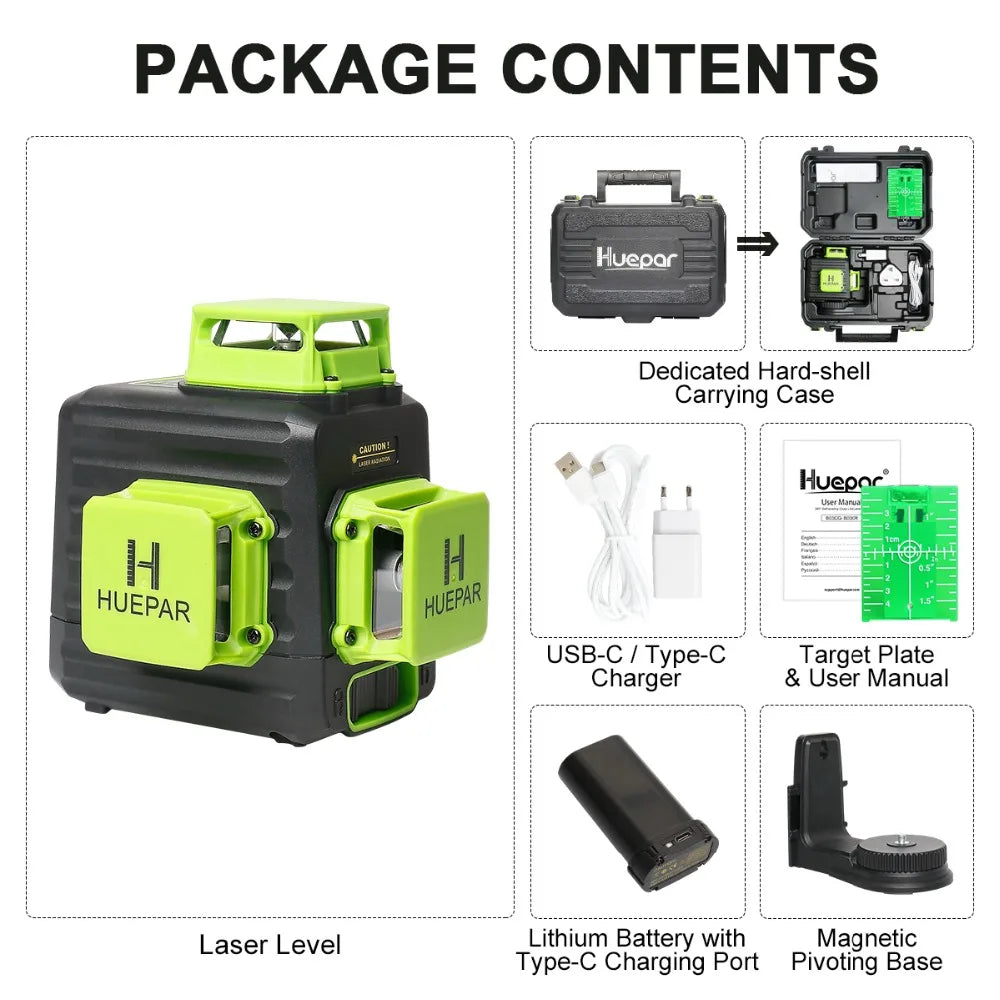 Huepar B03CG 12 Lines Laser Level 3D Self Leveling High Brightness Green Horizontal And Vertical Cross Line Laser With Hard Case