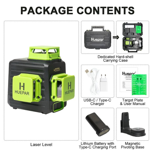 Huepar B03CG 12 Lines Laser Level 3D Self Leveling High Brightness Green Horizontal And Vertical Cross Line Laser With Hard Case