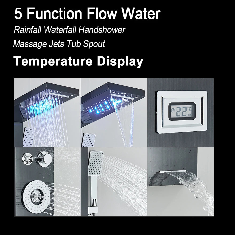 Douche - Regendouche - Douchewand - Douchekolom - Douchepanelen - LED Douchezuil - Waterval & Regendouche - Massagejets - Temperatuurdisplay - Zwart - QUORE