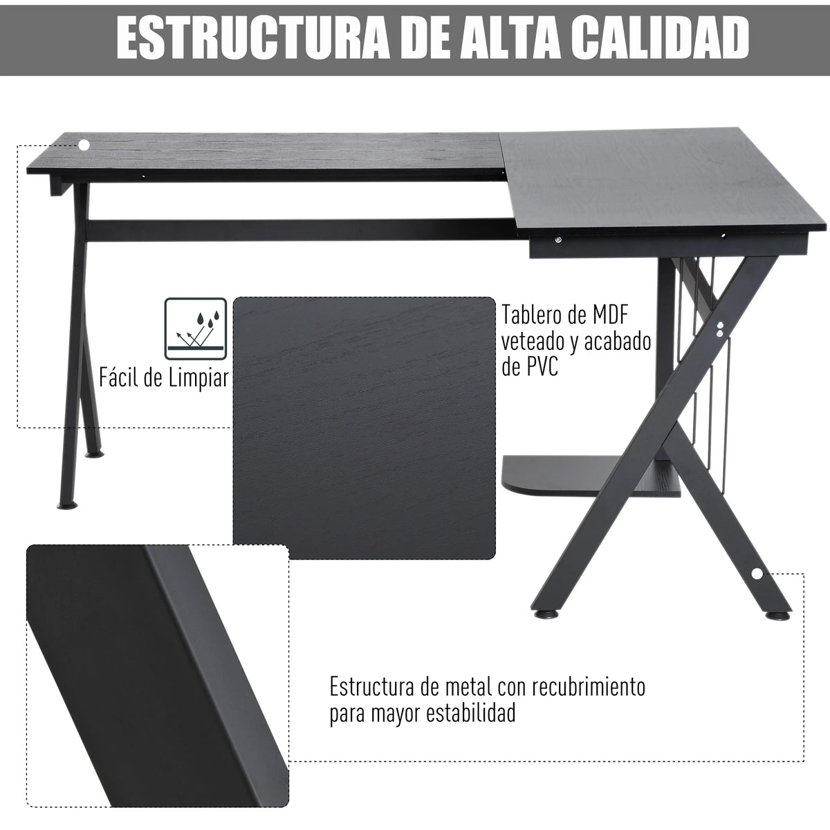 Homcom - Laptop Notebook Computer Bureau - Computer Bureau - Studeer Bureau - Laptop Tafel - Werkstation - Gaming Tafel - L Vorm - Zwart - QUORE