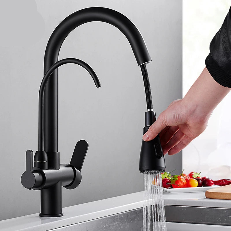 Keukenkraan - met Uittrekbare Uitloop - Twee Handgrepen - voor Koud - Warm Water - Vuistdouche - Drinkwater - en Keukenmixers - Zilver Grijs