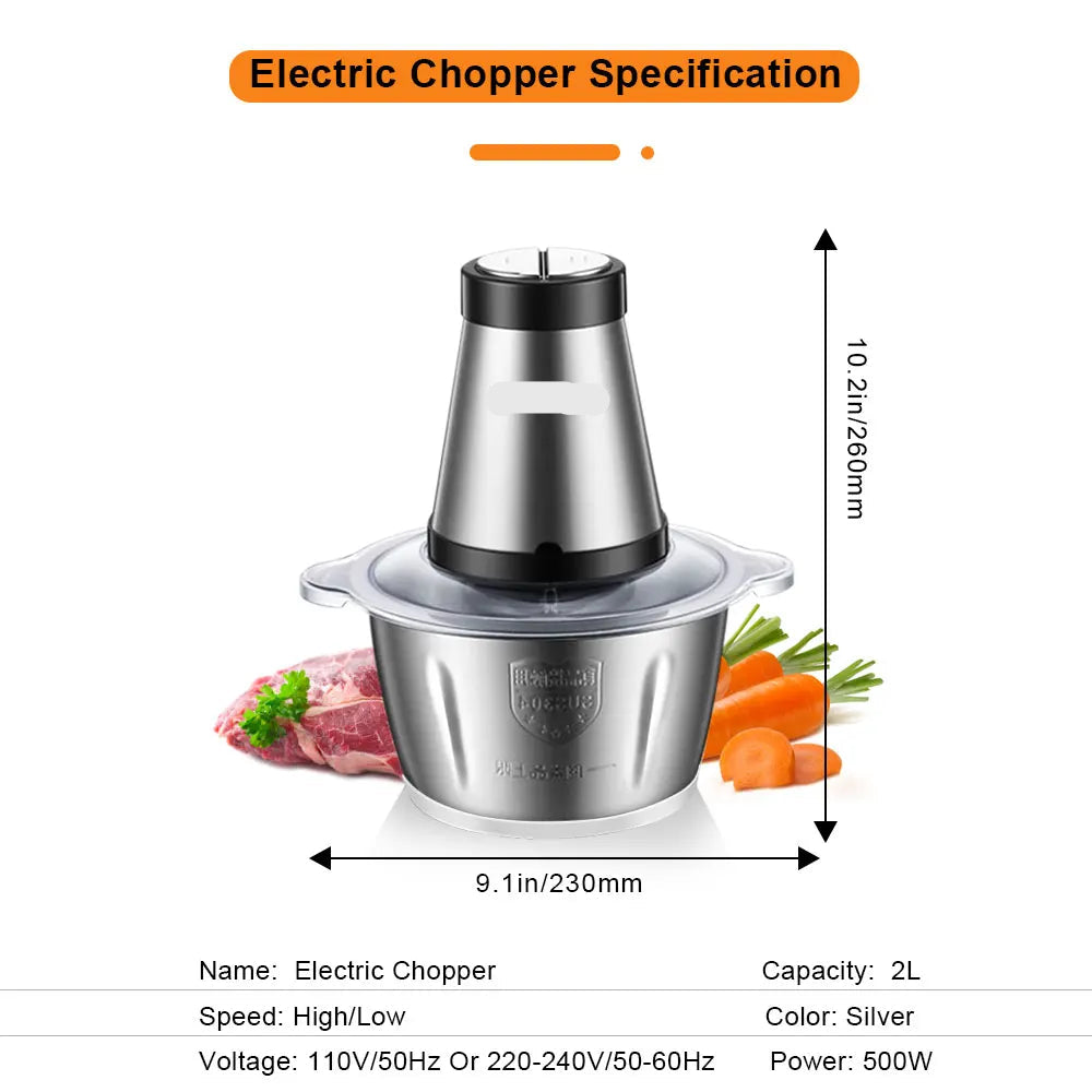 Elektrische Vleesmolen - 500W - Foodprocessor - Hakmolen - 2L RVS Keukenmachine - 2 Snelheden - voor Vlees - Noten en Groenten - Eenvoudig Schoon te Maken - Standaard Extra Mes