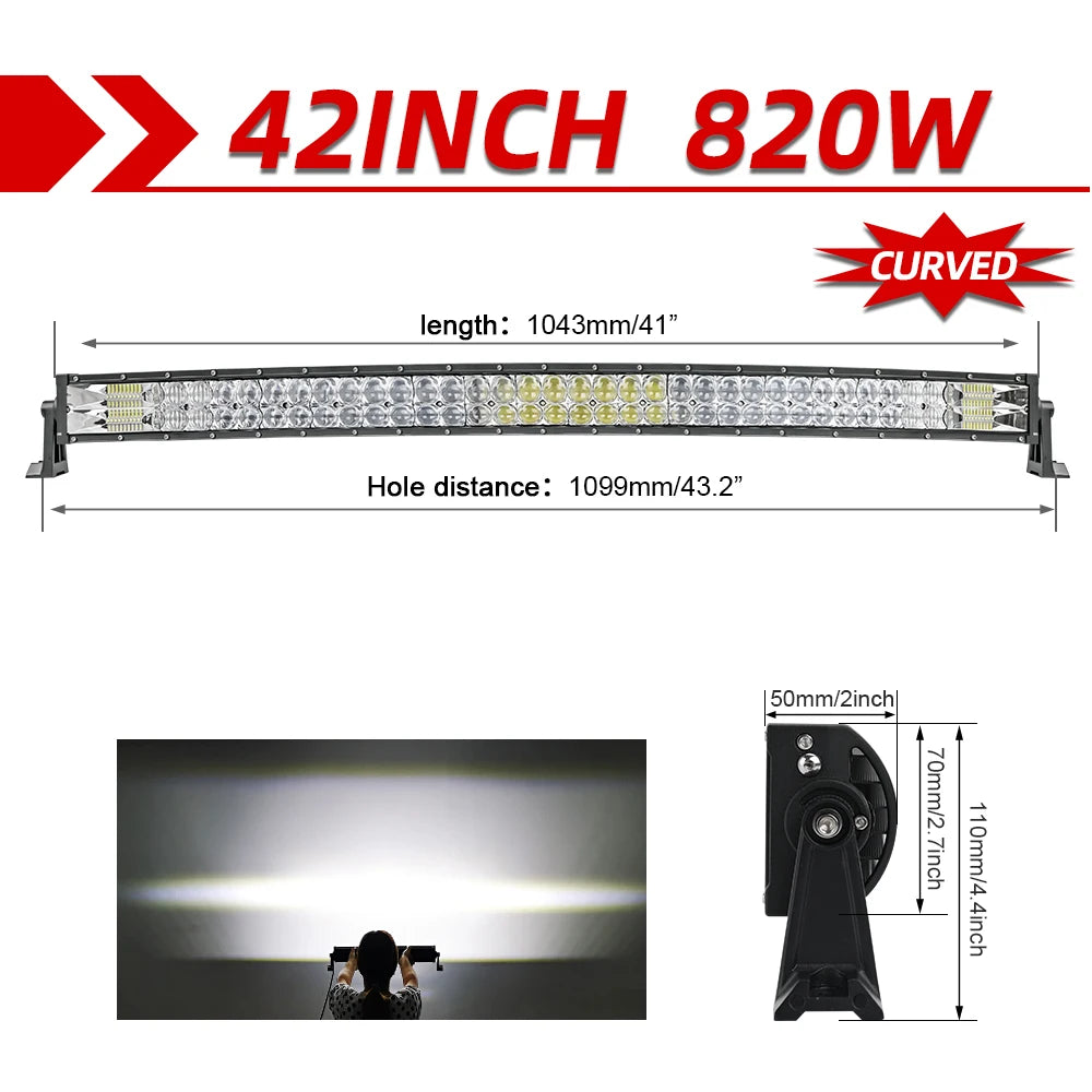 Lichtbalk voor Auto & Vrachtwagens - Krachtige LED Verlichting - Eenvoudige Installatie - 42 Gebogen zonder Draad - 90000LM/820W