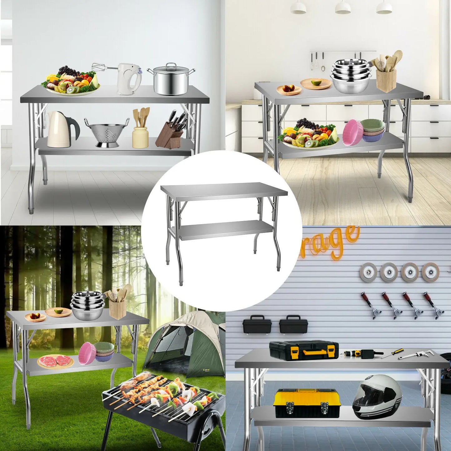 SucceBuy Single/Double-Shelf Professional Stainless Steel Open Kitchen Folding Work Prep Tables Easy Storage for Home Commercial