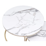 Table - Coffee Table - 2pcs - Marble Texture Round Coffee Table - Modern Minimalist - Solid Wood Lid - Gold Steel Frame - 60 x 60 x 45cm (Large) - 40 x 40 x 35cm (Small) - White