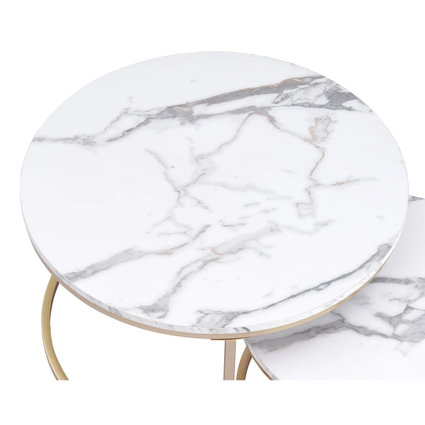 Table - Coffee Table - 2pcs - Marble Texture Round Coffee Table - Modern Minimalist - Solid Wood Lid - Gold Steel Frame - 60 x 60 x 45cm (Large) - 40 x 40 x 35cm (Small) - White