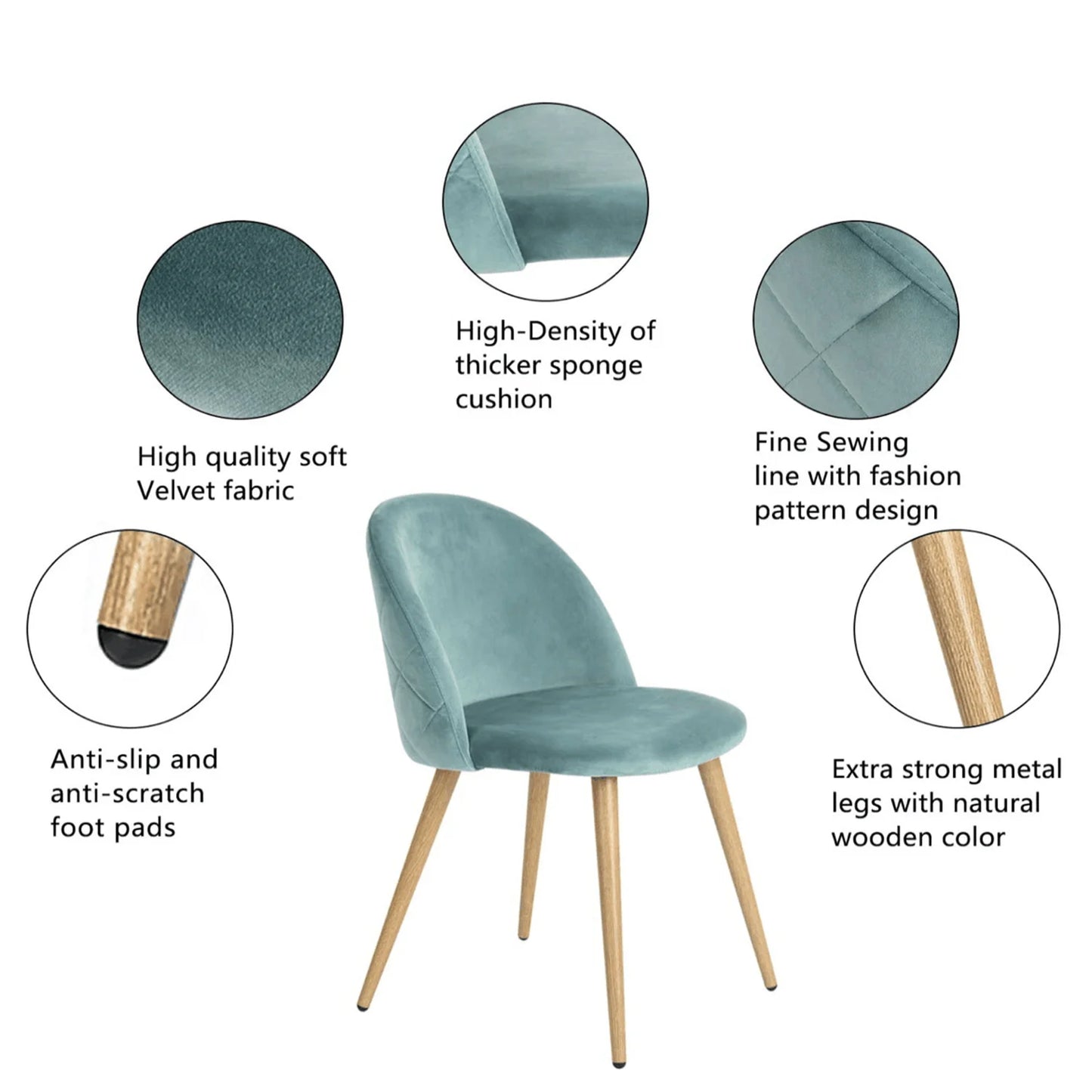 Eetkamerstoelen - Eetstoelen - Keukenstoelen - 6 Stuks - Ergonomische - met Rugleuning - Voor Keuken - Eetgedeelte - Zachte Fluwelen Zitje - Metalen Voeten - 80 x 48 x 43 cm - Groen