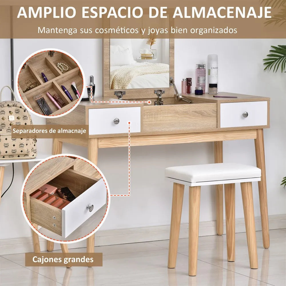 Kaptafel – Make-Up Tafel – Schminktisch – Slaapkamermeubel – Opbergruimte – 2 Lades – Zachte Kruk - 100 x 45 x 118 cm - QUORE