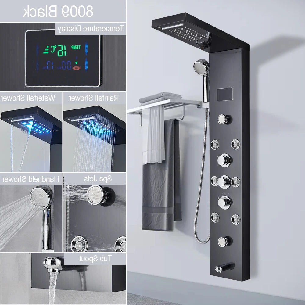 Douche - Regendouche - Douchewand - Douchekolom - Douchepanelen - LED Verlichte Regendouche Paneel – Waterval & Massage Jets met Digitale Display – Luxe Douchekolom - Zwart - QUORE