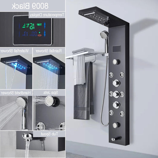 Douche - Regendouche - Douchewand - Douchekolom - Douchepanelen - LED Verlichte Regendouche Paneel – Waterval & Massage Jets met Digitale Display – Luxe Douchekolom - Zwart - QUORE