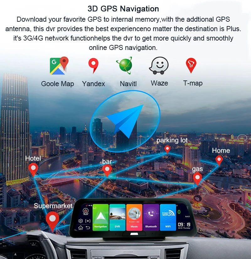 Dashcam voor Auto - 10” Android 8.1 Dashcam - IPS Touchscreen - ADAS Rijhulp - GPS Navigatie - WiFi - Dual Camera 1080P - Parkeermodus - G-Sensor - 4G 15m Camera aan de Achterkant - Zwart