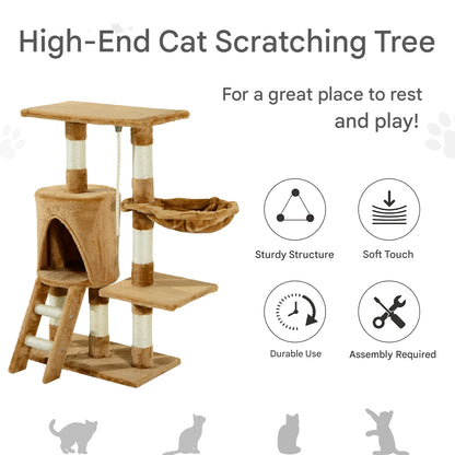 Kattenboom - Krabpaal - met Nest Platform - Kennelladder - Perfect voor  Een Dutje Doen - Sporten - Spelen - Spaanplaat - Zacht pluche - Sisaltouw - 55 x 30 x 95 cm - Bruin - QUORE