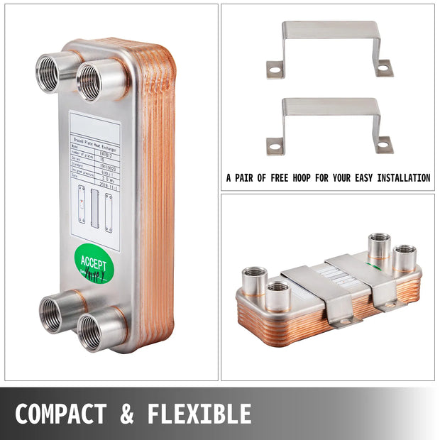 Vevor - Heat Exchanger Wort Chiller - 60 Plates - Stainless Steel - Beer Brewing Chiller Counterflow Chiller - Water Heating - 316L +99.9% Copper