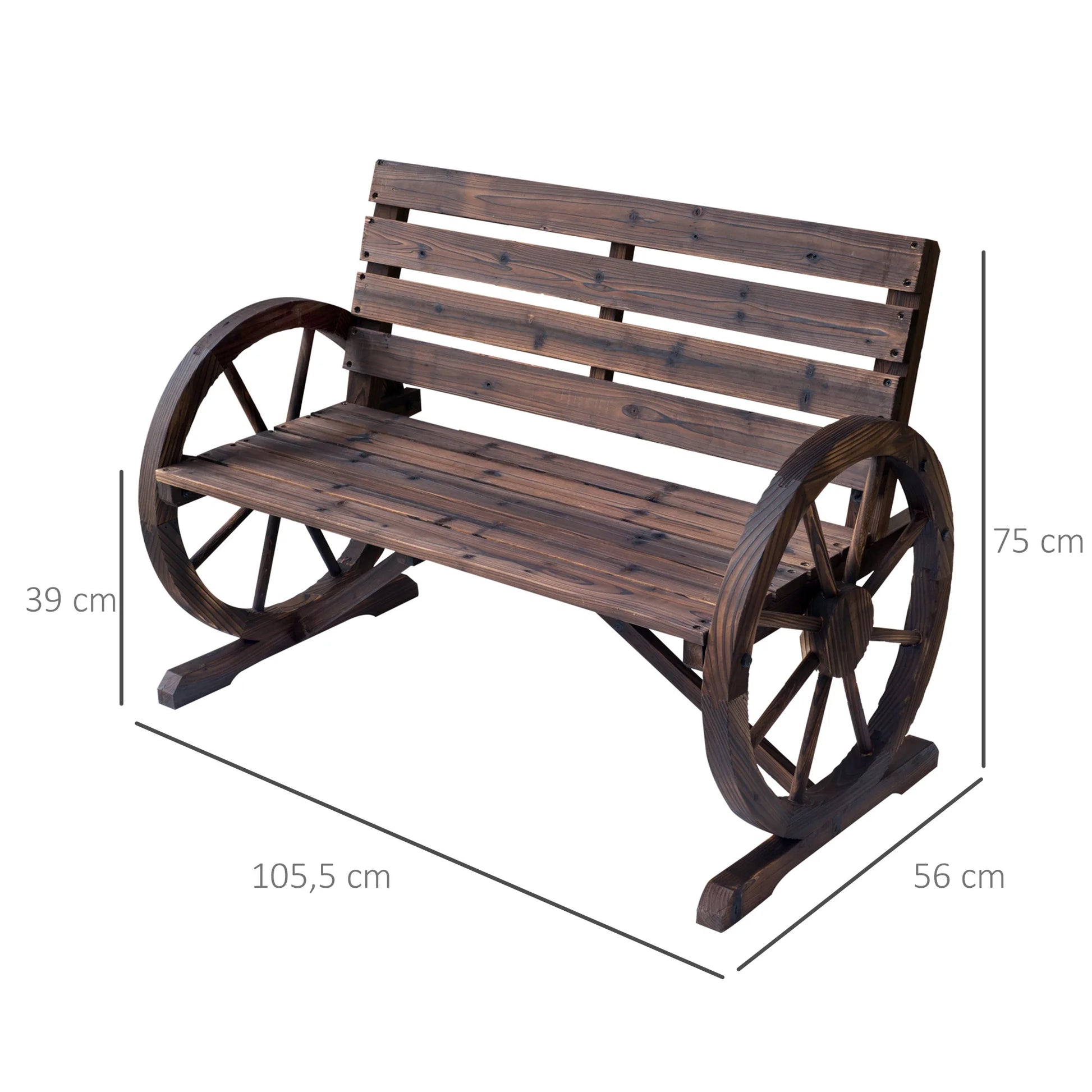 Tuin Bank - Tuinbank Hout - Tuinbanken - Garden Furniture - Rustieke Houten Tuinbank met Wagenwiel-Armleuningen - 2-Zits Bank van Vurenhout - QUORE