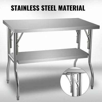 SucceBuy Single/Double-Shelf Professional Stainless Steel Open Kitchen Folding Work Prep Tables Easy Storage for Home Commercial
