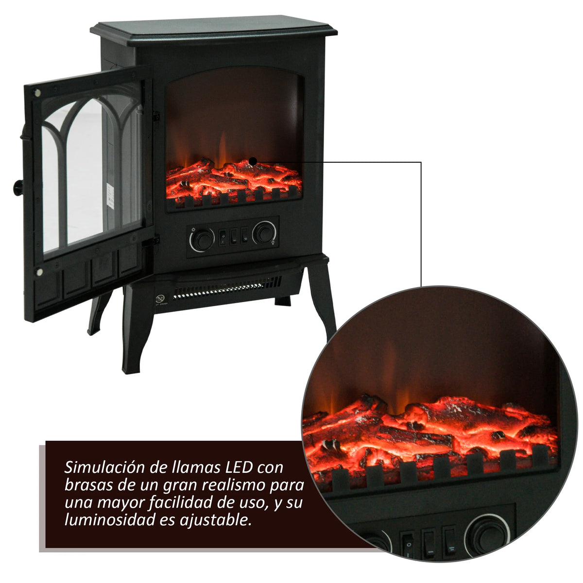 Homcom - Elektrische Haard - Tafelhaard voor Binnen & Buiten - Haard - Decoratieve Vloerverwarmingskachel - 1000-2000W - Zwart - QUORE