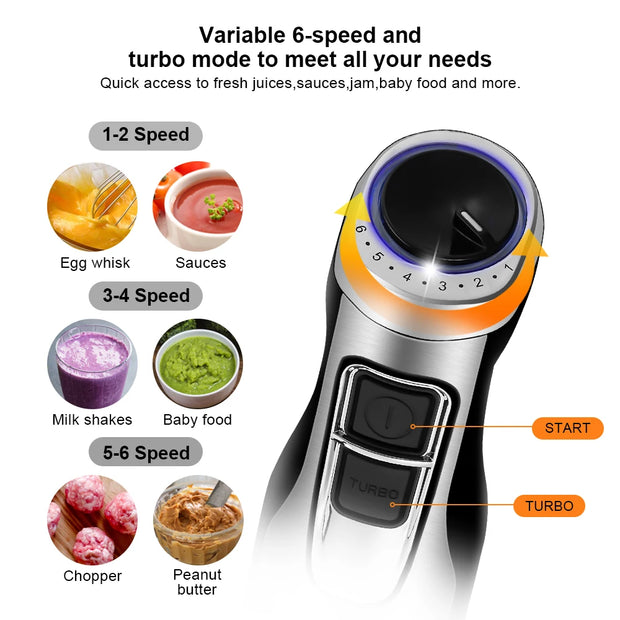 Hand blender - Blenders - Food processor - Chopper - 4-in-1 - High power -1200W - Smoothie - Chopper - Whisk - Stainless steel blades - Ice - Sauces - 6 speeds
