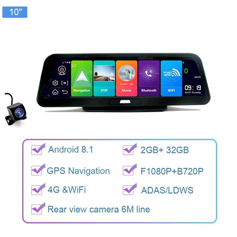 Dashcam voor Auto - 10" 4G Android 8.1 Dashcam - GPS Navigatie, Dual 1080P Camera - ADAS Rijhulp - Parkeermodus - Achteruitrijcamera - WiFi - Bluetooth - G-Sensor - Loop Recording - Zwart