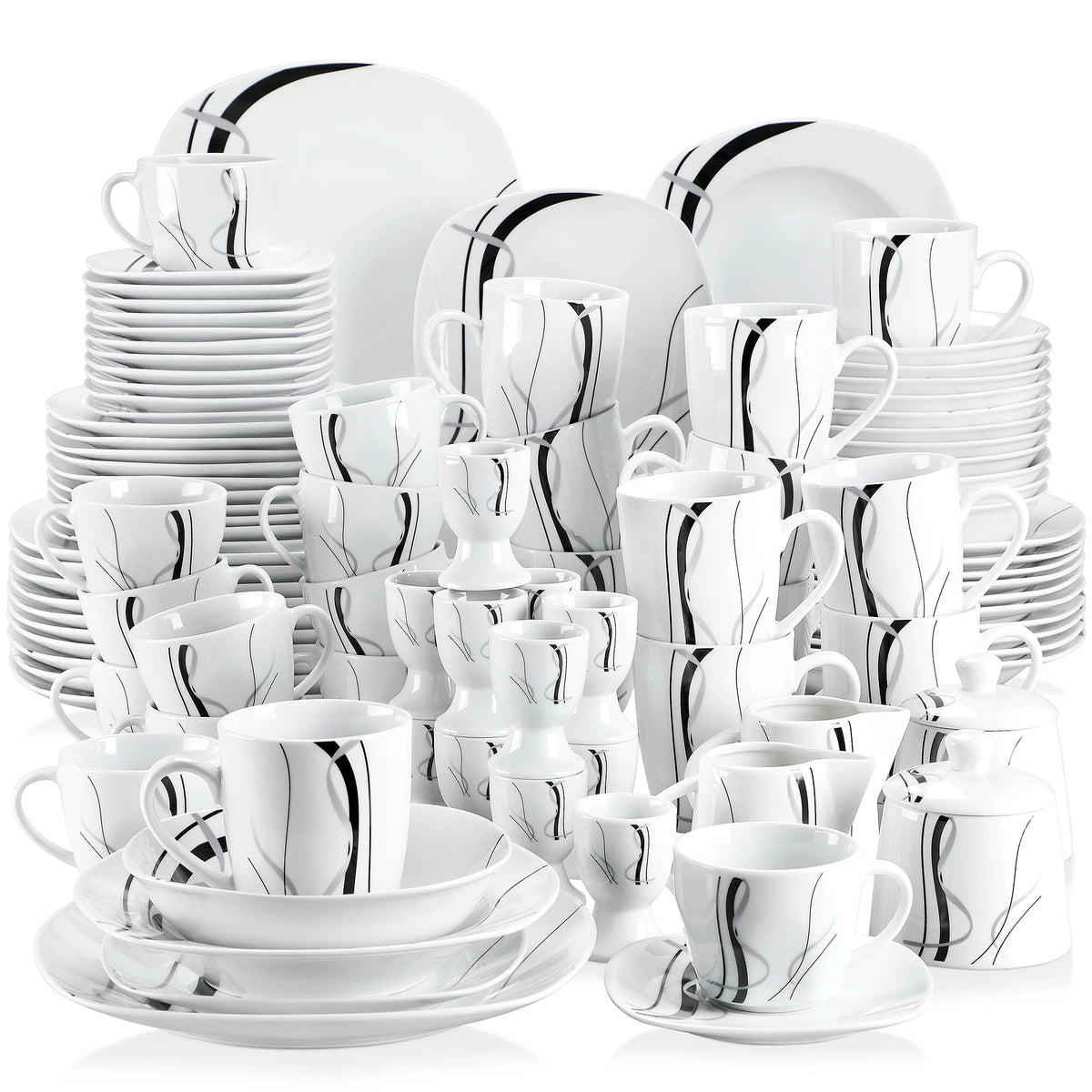 VEWEET 50/100-Piece Porcelain Dinner Set with Egg Cup,Cup&Saucer,Mug,Dessert&Soup&Dinner Plate,Bowl,Milk Jug,Sugar Pot Set