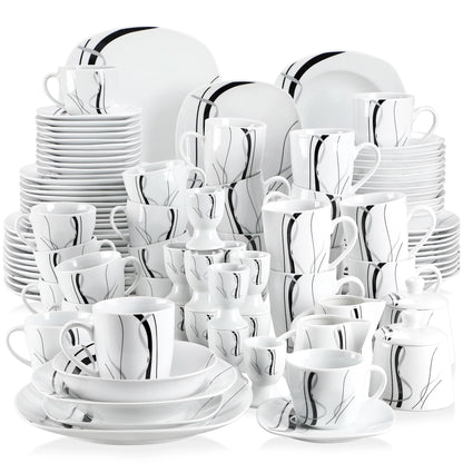 VEWEET 50/100-Piece Porcelain Dinner Set with Egg Cup,Cup&Saucer,Mug,Dessert&Soup&Dinner Plate,Bowl,Milk Jug,Sugar Pot Set