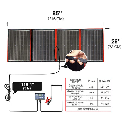 Zonnepaneel – Draagbaar – Opvouwbaar – Flexibel – Outdoor – 200 Watt Vermogen – Monokristallijn Silicium - QUORE