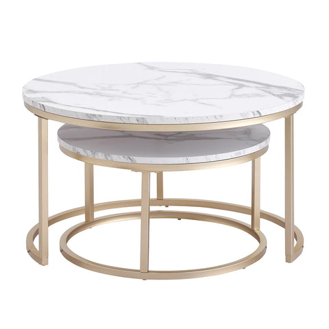 Table - Coffee Table - 2pcs - Marble Texture Round Coffee Table - Modern Minimalist - Solid Wood Lid - Gold Steel Frame - 60 x 60 x 45cm (Large) - 40 x 40 x 35cm (Small) - White