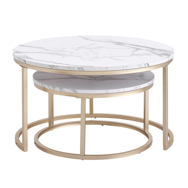 Table - Coffee Table - 2pcs - Marble Texture Round Coffee Table - Modern Minimalist - Solid Wood Lid - Gold Steel Frame - 60 x 60 x 45cm (Large) - 40 x 40 x 35cm (Small) - White