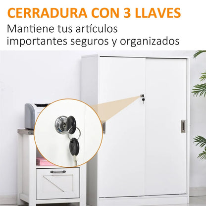 Kast Met Schuifdeuren – Opbergkast – Bureaumeubel – Documentenkast – Slot Met Sleutel – Duurzaam E1 Spaanplaat – Drie Binnenplanken - 80 x 40 x 120 cm - Wit - QUORE