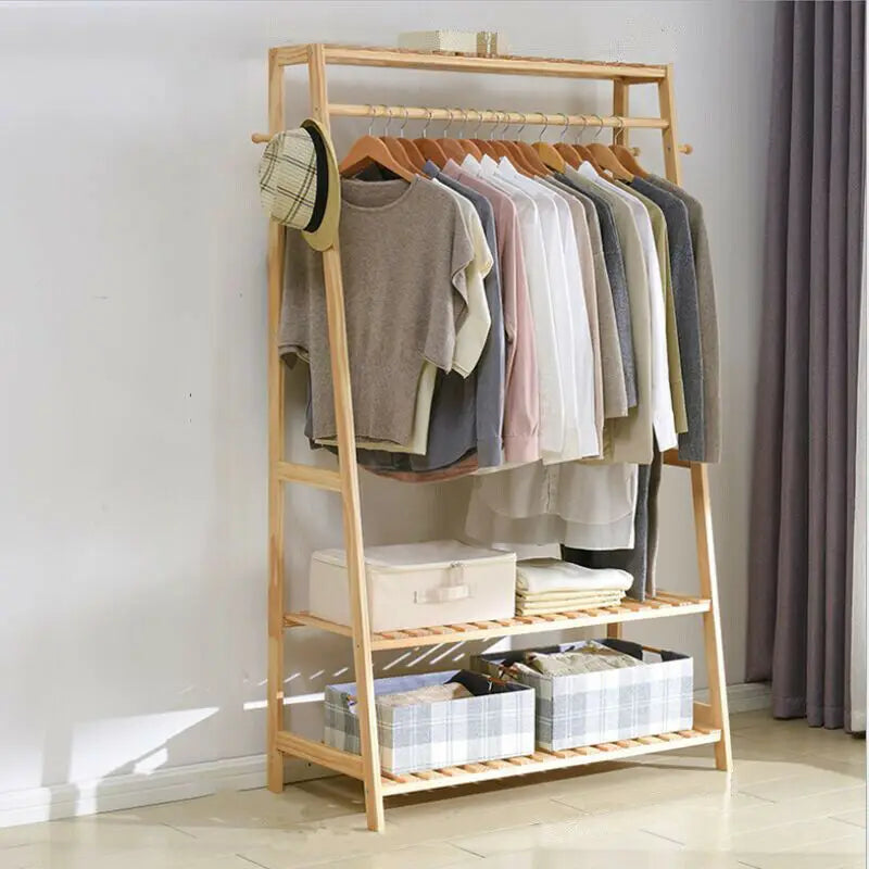 Kledingrek - Kledinghangers - Kledingrek Hout - 2-laags- Bamboe - Moderne Stijl - Opbergrek voor Schoenen & Kleding - Gewichtscapaciteit 100kg/ 220lbs - 80x43.5x165cm/ 31.5x17.1x65inch - Natuurlijke Houten Kleur - QUORE