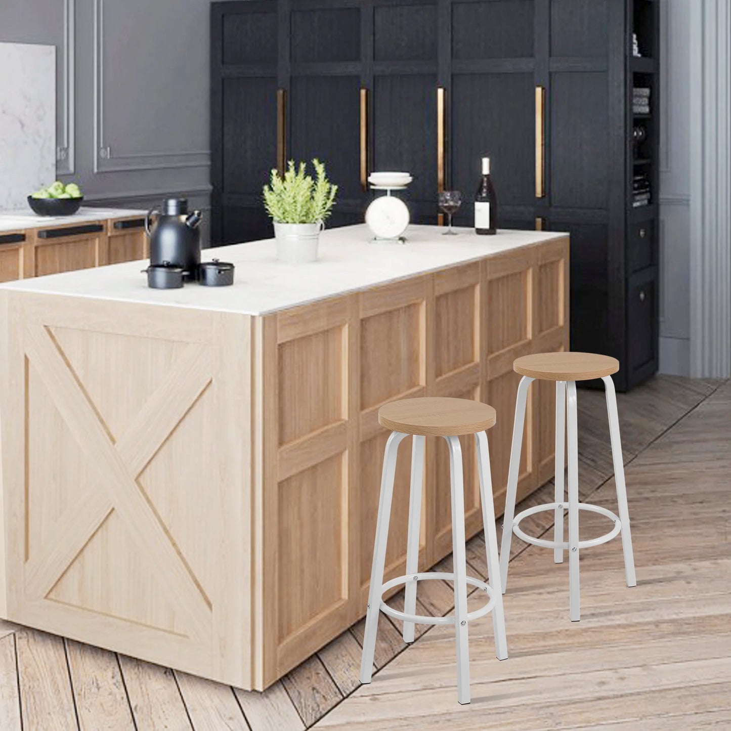 Barstoelen – Set van 2 - Barkrukken – Keukenstoelen – Barstoelen Set – Metalen Frame – MDF Zitting – Antislip Dop - Licht Eiken