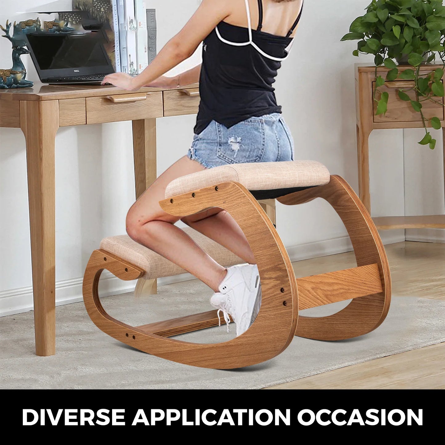 Knielende Stoel - Bureaustoel - Ergonomische stoel - Thuiskantoorstoel - Kniestoel Kruk met dik kussen - Verbetering van de houding - Schommelend hout Kniecomputerstoel - Hickory Frame - QUORE
