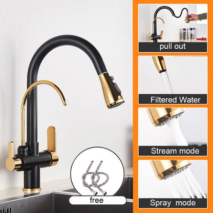 Keukenkraan - met Uittrekbare Uitloop - Twee Handgrepen - voor Koud -Vuistdouche - Warm Water - Drinkwater - Zwart en Goud - QUORE