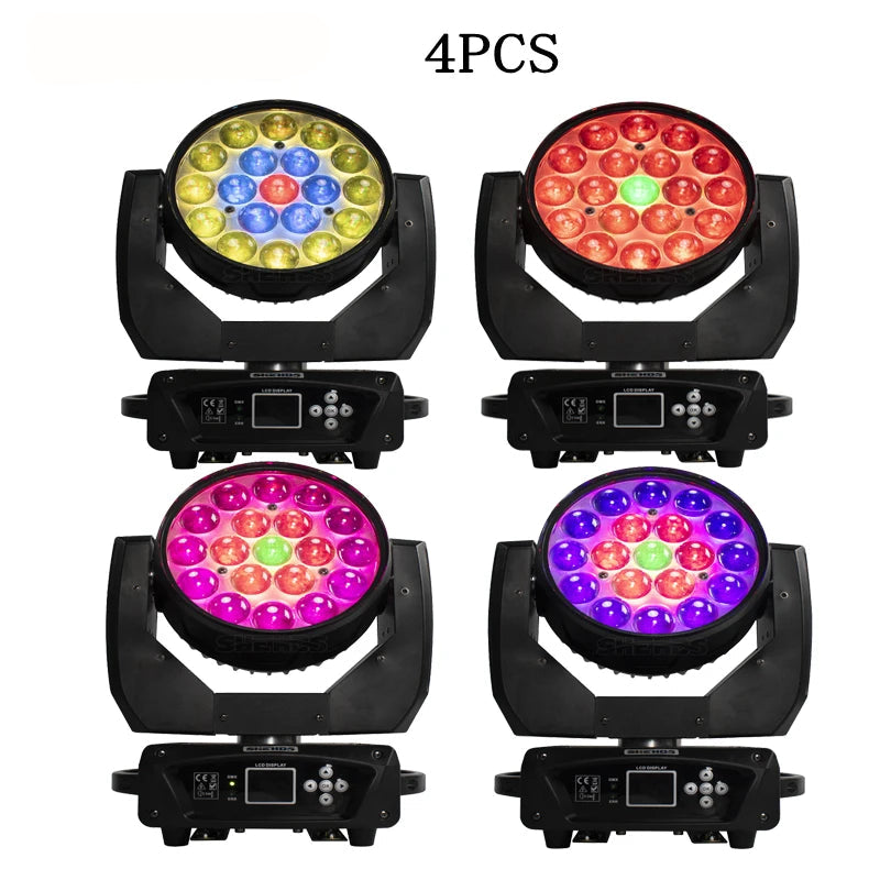 Moving Head – Lichteffect – Podiumverlichting – Discolamp – RGBW LED – 4 Stuks – 19x15W RGBW Zoom – Variabele Zoom 10°-60° - QUORE